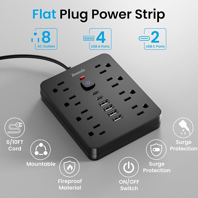 Surge Protector Power Strip, 8 Outlets, 6 USB Charging Ports, 6FT Flat Plug - Image 6