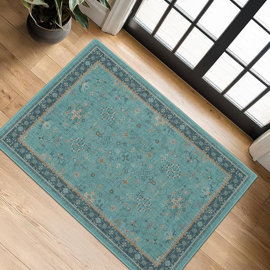 2x3 Washable Teal Rug for Entryway Indoor, Kitchen Floor Waterproof, Bathroom, Powder Room, Non Slip Low Pile Stain & Fade Resistant, Modern Turquoise Aqua Décor