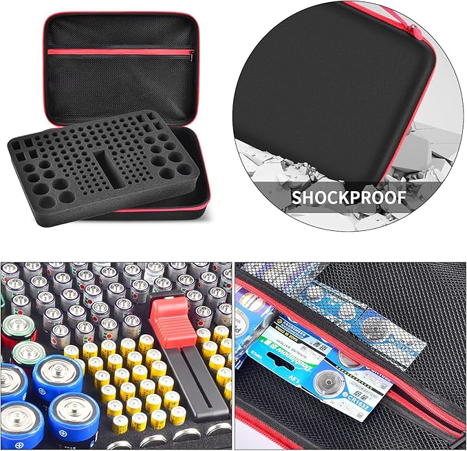 Battery Organizer Storage Holder, Batteries Storage Containers Box with Battery Tester Checker Fits for AA AAA 9V C D Lithium 3V LR44 CR2016 CR1632 CR2032 CR2025 (Case Not Includes Batteries)-Black