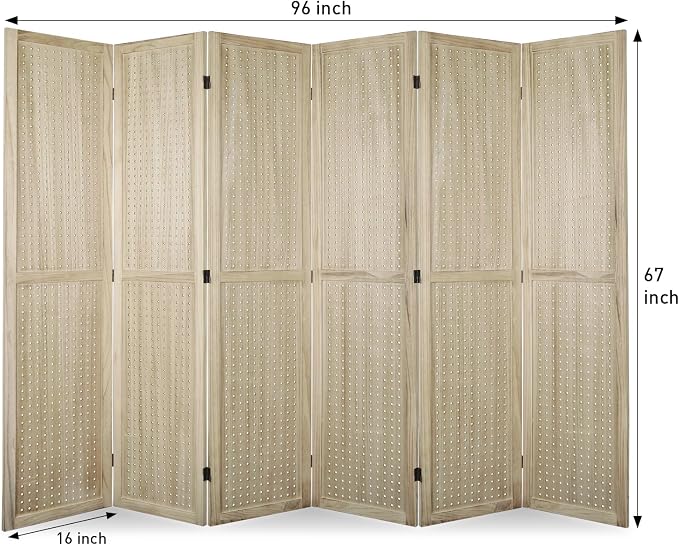 6 Panel Pegboard Room Divider | Natural Wood Folding Privacy Screen - Image 2