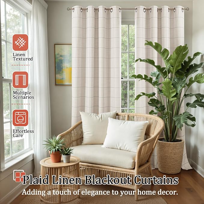 Plaid Blackout Curtains 96 Inch Long, 52 Wide 2 Panels, Light Grey | Linen - Image 2