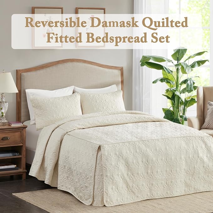 Madison Park Classic Traditional Damask Quilted Bedspread Set, 3-Piece King | - Image 2