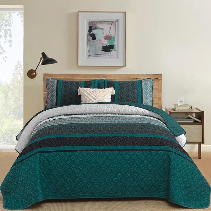 Dinjoy Quilts King Size, Striped Bedspread Bedding Sets, Dark Green | 3 Pieces - Image 2