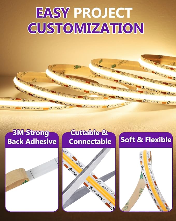 HitLights COB LED Strip Lights Warm White, 12V Tape Light 3000K 16.4ft, 2640 LEDs, 426 lm/ft, CRI 90+, IP30, Premium High Density Lighting for Kitchen, Cabinets, UL Listed (Power Source Not Included)
