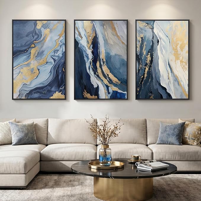 Large Framed Blue and Gold Abstract Wall Art by Cuspin