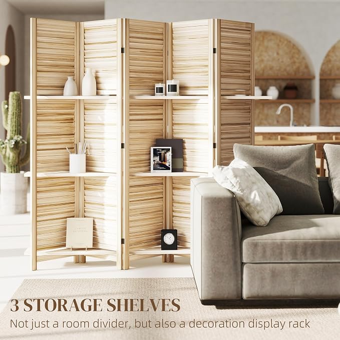 HOMCOM Room Divider with Shelves, 5 Panel, Natural Wood | Wood Privacy Screen - Image 3