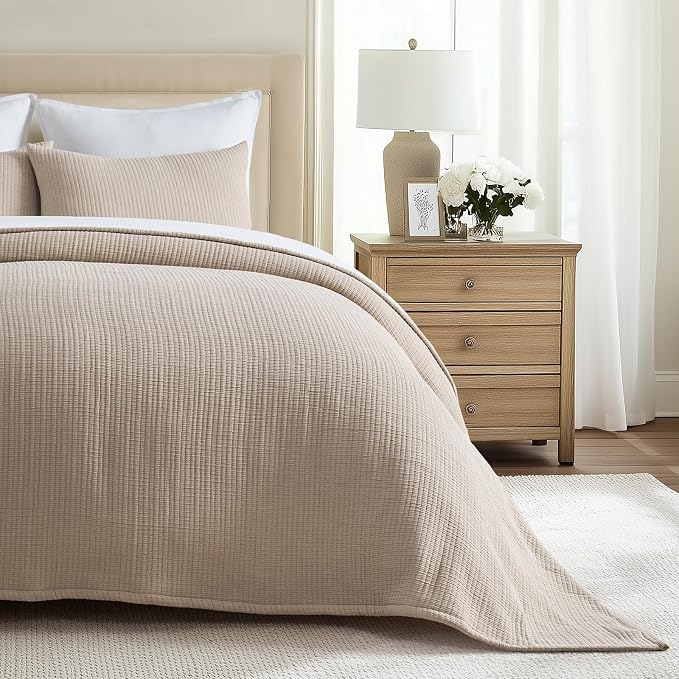 EVERGRACEHOME Cotton Gauze Matelassé Coverlet, King Size, Khaki Tan | Ultra by EVERGRACEHOME