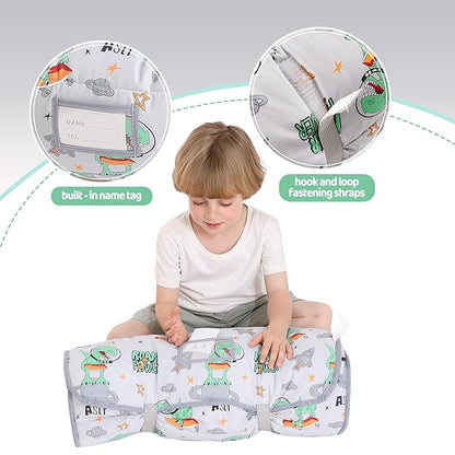 Viviland Toddler Kid Nap Mat for Preschool, Grey Dinosaur Slumber Bag, Daycare Sleeping Bag with Pillow and Blanket, Kindergarten Sleep Mat
