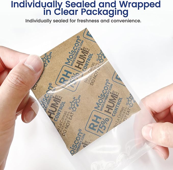 Wisesorb 75% RH 8 Gram 60 Pack Two-Way Humidity Control Packs for Storing Up to 5 Items, Size 8 Moisture Control Packets Individually Wrapped for Small Non-Plastic Travel Cases