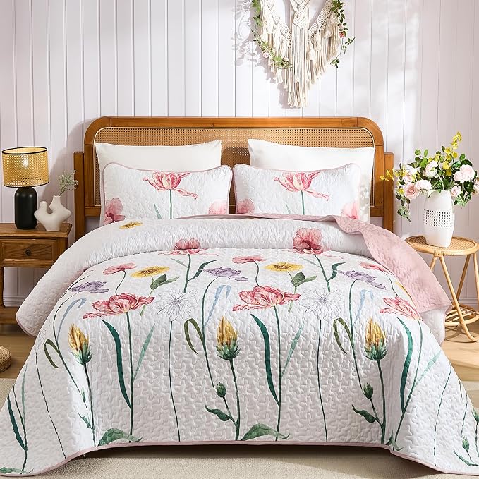 WONGS BEDDING Pink Quilt Set Queen, 3 Pieces Colorful Delicate Floral Bedspread by WONGSBEDDING