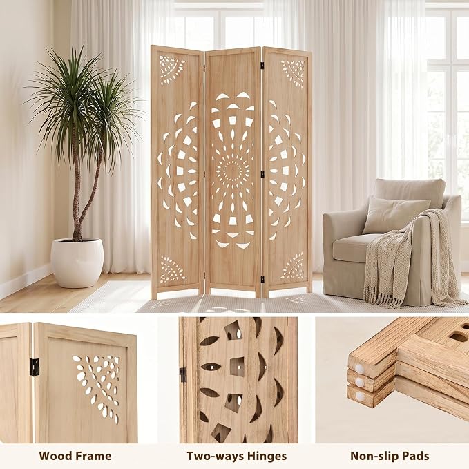 3 Panel Room dividers, 66.9" Boho Double-Sided Carved Screen, Natural | - Image 2