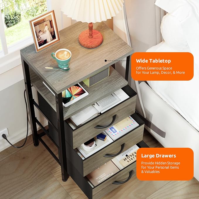 Lazzanto Night Stand with Charger Station, 3 Fabric Drawers, Bedside Table - Image 8