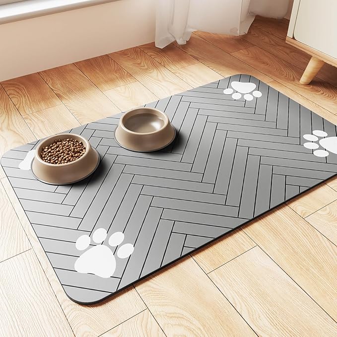 Pet Feeding Mat-Absorbent Pet Placemat for Food and Water Bowl, with Waterproof Rubber Backing, Quick Dry Water Dispenser Mat for Dog and Cat (20"x12", Striped Light Gray)