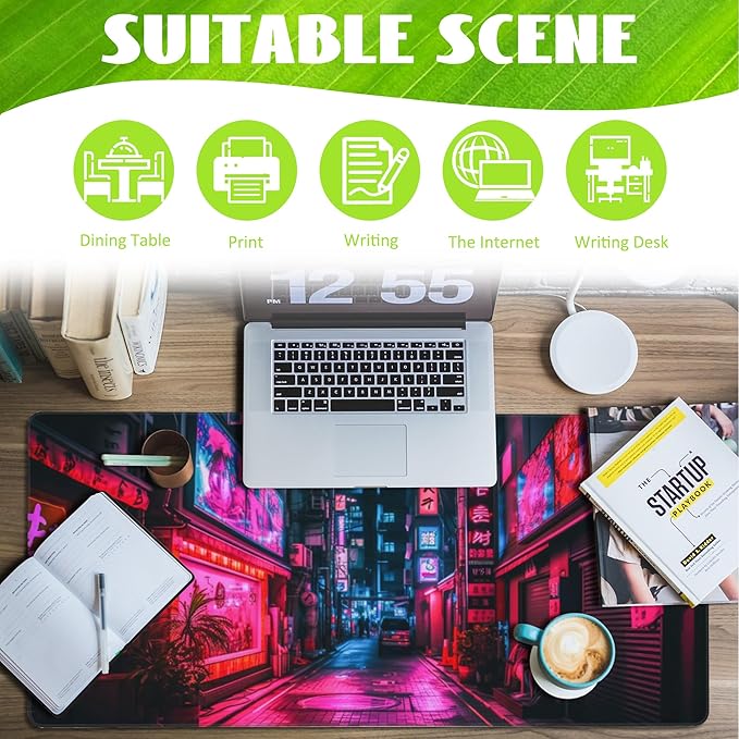 Eflxamz Desk Mat,Japanese Anime Neon Street Desk Pad,Anime City Large Gaming Mouse Pad for Desk,Extended Big Computer Keyboard Mouse Pad with Non-Slip Base and Stitched Edge,35.4"x15.7"