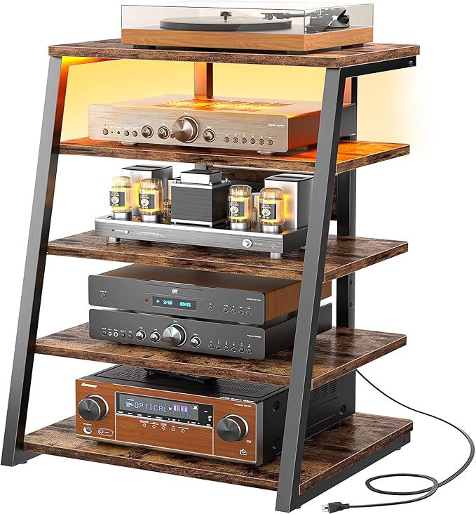 Armocity 5-Tier AV Media Stand with Power Strips, Media Console with LED Lights, Audio Tower Rack with Adjustable Shelves, Stereo Stands and Racks, 40.8'', Rustic Brown