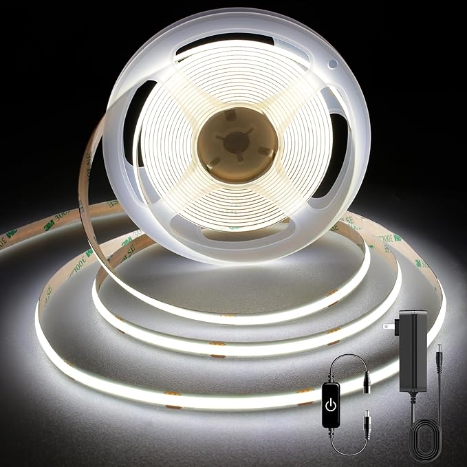 Pandery COB LED Strip 5m,16.4ft LED Strip Lights,Touch Dimmable LED Strips,CRI90+,6000K Daylight White LED Tape Lights,1600LEDs,24V cob led,Indoor for Bedroom,Kitchen,TV,Mirror,Cabinet