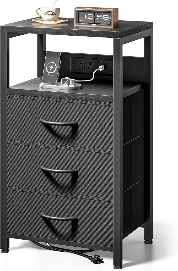Lazzanto Night Stand with Charger Station, 3 Fabric Drawers, Bedside Table by Lazzanto