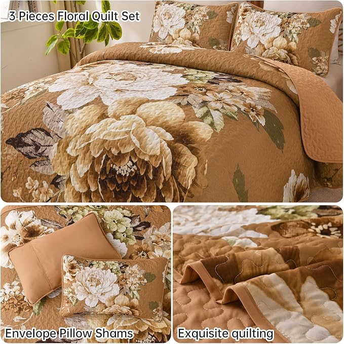 WONGS BEDDING Fall Brown Floral Quilt Set King, 3 Pieces Reversible Lightweight - Image 5