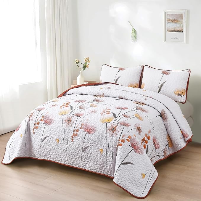 Dinjoy Floral Quilt Set Queen, Burnt Orange Bedspread - Image 5