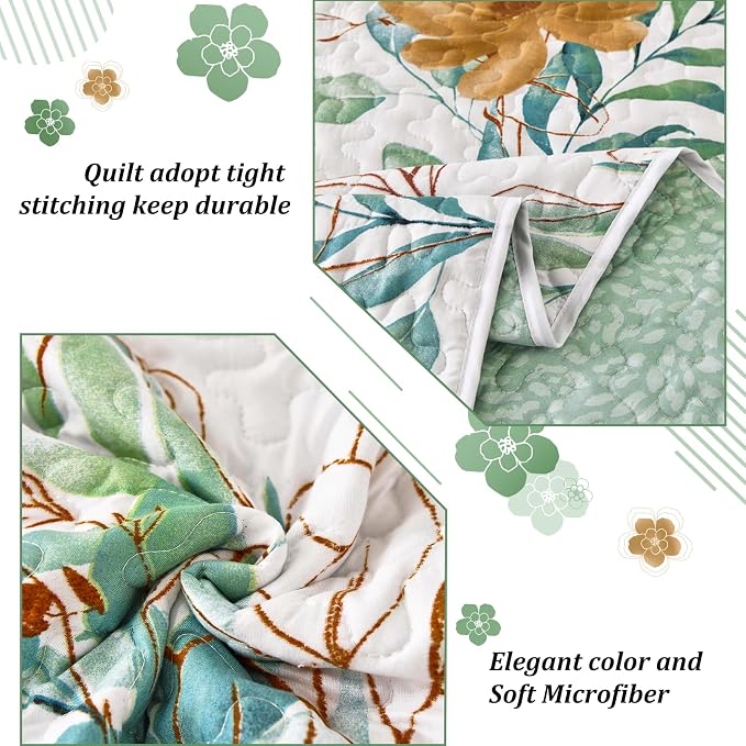 Anibedding Floral Quilt Set Full, 3 Pieces Reversible Elegant Green Leaves - Image 5