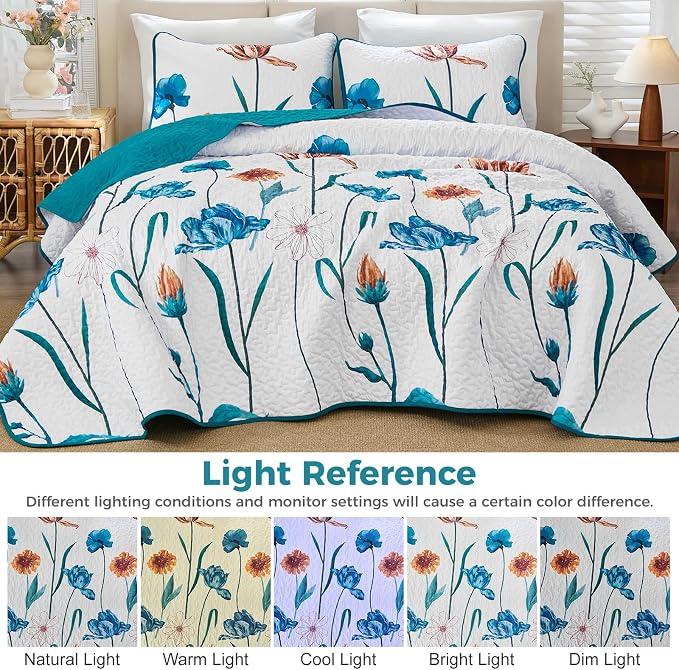 WONGS BEDDING Floral Quilt Set Queen, Shabby Chic Teal Floral Botanical Pattern - Image 7