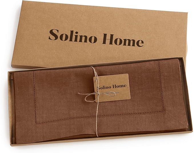Solino Home Linen Brown Table Runner 48 Inches - Classic Hemstitch, 100% Pure Linen Coffee Table Runner 14 x 48 Inch Ideal for Dresser Tables