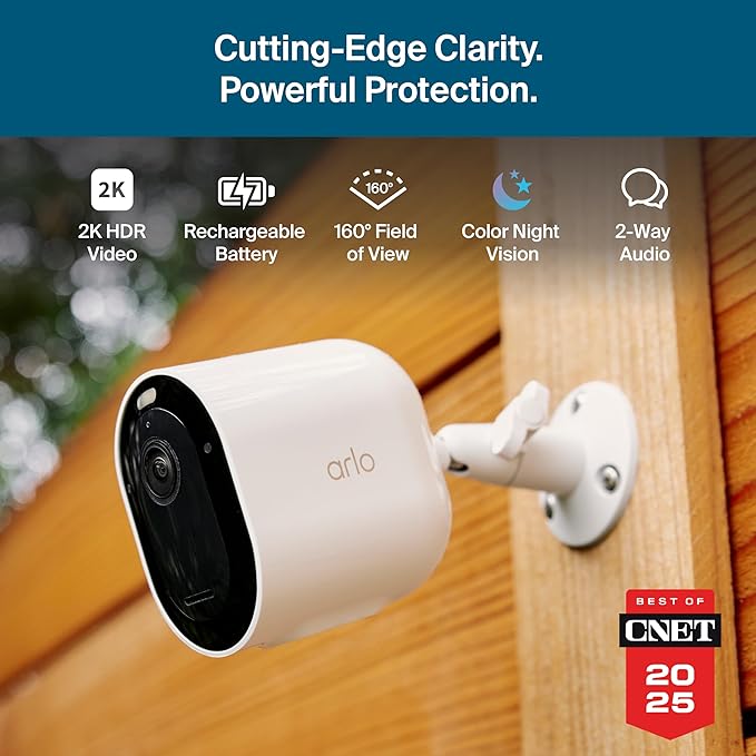 Arlo Pro Security Camera 2K HDR (6th Gen, 2025 Release) - Wireless Outdoor Camera, Rechargeable Removeable Battery, Event Captions, Emergency Response, 1-Month Trial of Secure Plan, 3 Cam, White