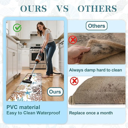 Kitchen Mats for Floor Cushioned Anti Fatigue Sets of 2 Coastal Kitchen Rugs Non Slip Waterproof Nautical Foam Kitchen Floor Rug Beach Theme Coral Fish Comfort Standing Mat for Sink Laundry, Red