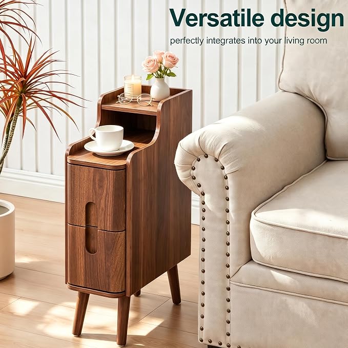FurSch Narrow Nightstand, Wooden 2 Drawer - Image 5