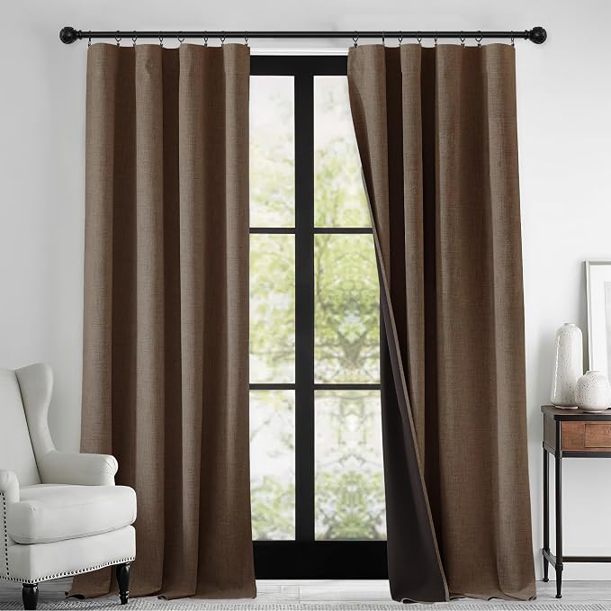RYB HOME Brown 100% Blackout Linen Curtains 108 Inch Long by RYBHOME
