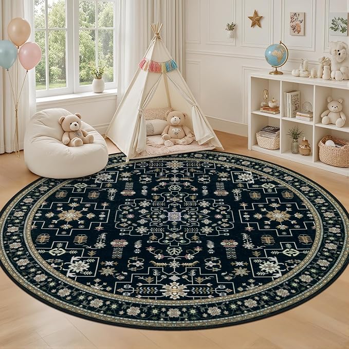 Round Area Rug for Living Room: 4ft Washable Rug for Bedroom Black | Vintage - Image 5