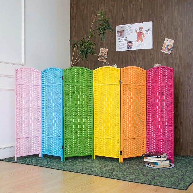 6-Panel Short Room Divider, 3.9 ft Freestanding Partition Wall, Colorful Rattan - Image 3