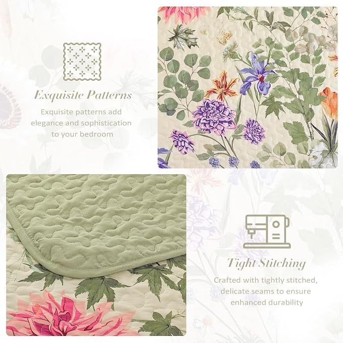 Yiran Beige Queen Quilt Bedding Set, Floral Bedspreads Queen Size | 3 Pieces - Image 5