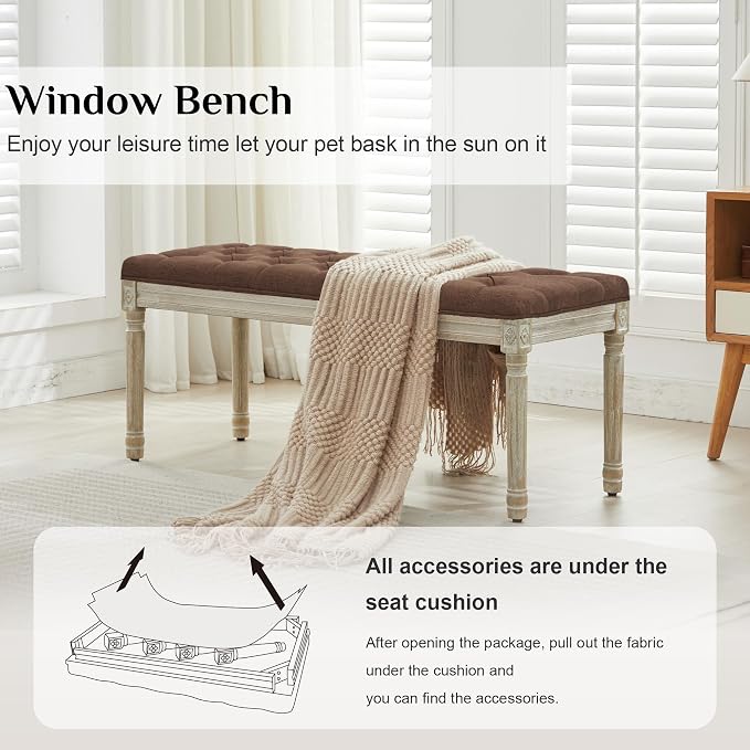 LOULENS 43.9" Linen End of Bed Bench, Vintage Bedroom Bench, Upholstered - Image 3