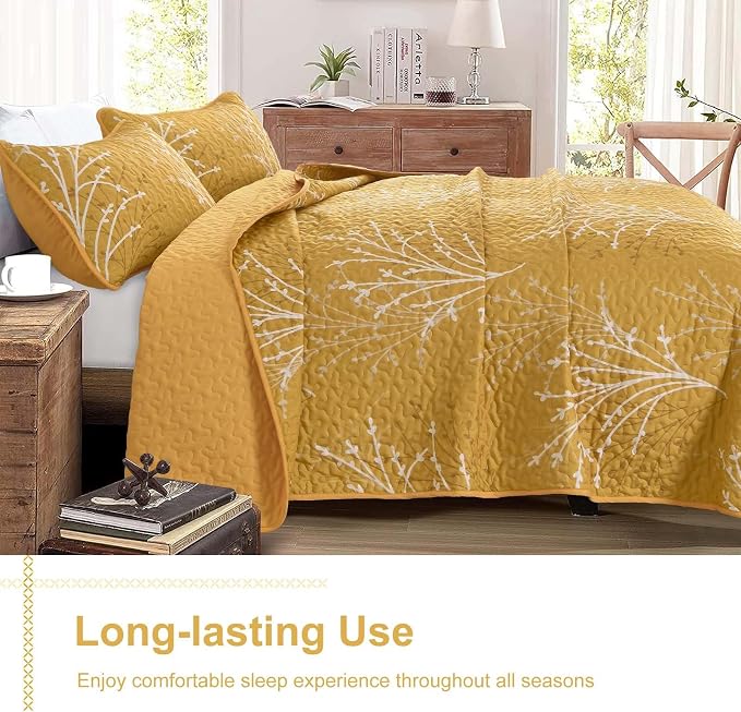 DJY Yellow Quilt Set King Size Branch Botanical Bedspread Coverlet Set | 3 - Image 4