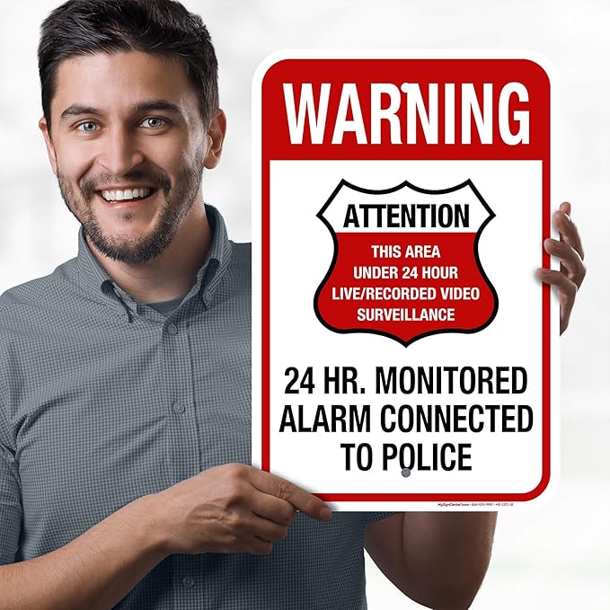 Warning 24 HR. Monitored Alarm Connected To Police Sign, 12x18 Inches, Rust Free .063 Aluminum, Fade Resistant, Made in USA by My Sign Center
