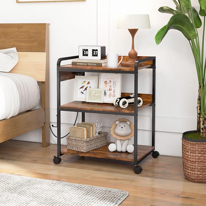 Livofloral 3 Tier Large Printer Stand with Wheels, 25.2 x 18.9 Inch Printer Stand with Power Outlet USB Port, Printer Table with Adjustable Storage Shelf for Home Office, Rustic Brown