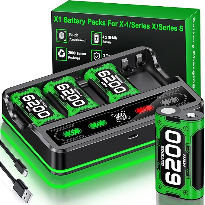 Upgraded Fast Charging Rechargeable Battery Pack for Xbox -4x6200mWh Batteries with Light Control &Charger Dock -Compatible with Xbox Series X|S,One S/X,Elite Controllers, Cases and Storage Sets,Black