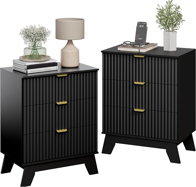 Night Stand Set 2, Bedside Table & End Table, Mid Century Modern Fluted Wood - Image 3