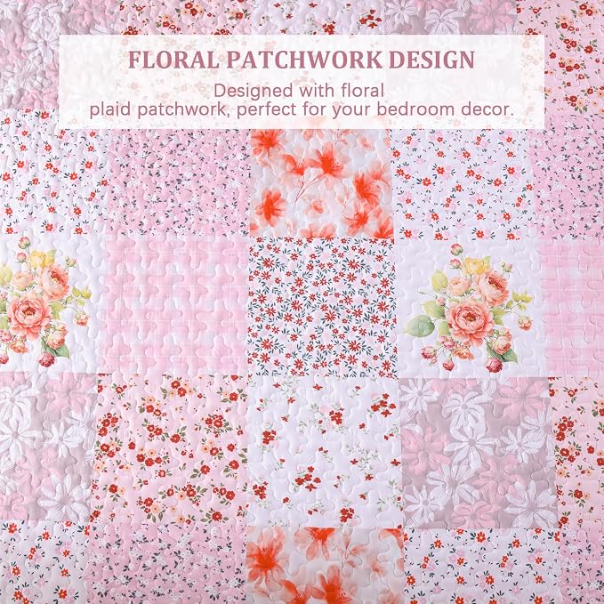 Mybedsoul Patchwork Quilt King Size, Soft Pink Boho Floral King Bedspreads - Image 4