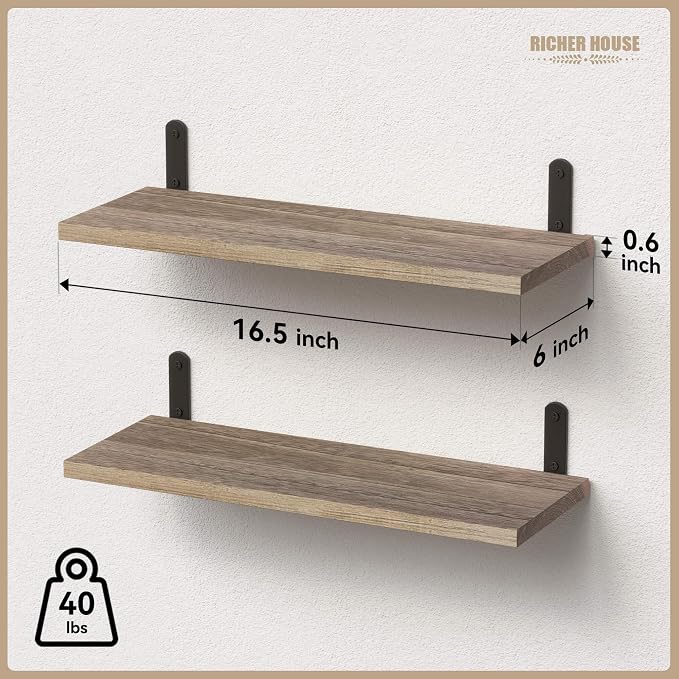 RICHER HOUSE Rustic Wood Floating Shelves, 2-Set Wall Mounted Shelves, 16In | - Image 3
