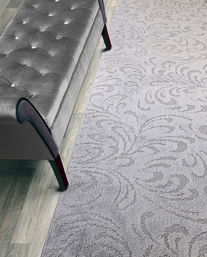 Custom Length Hallway Runner Rug,Slip Resistant,Floral Grey, 26 Inch X 25 feet, Sold and Priced Per Foot