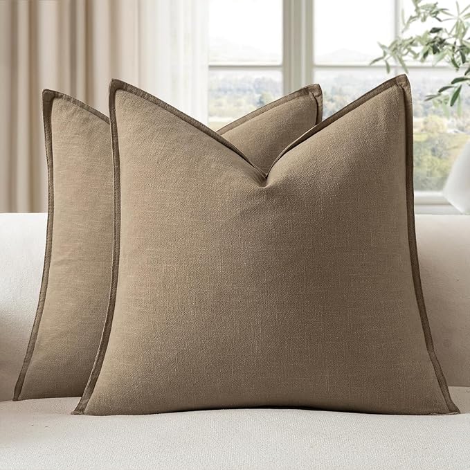 EMEMA Decorative Linen Throw Pillow Covers 18x18 Inch Curry Boho Farmhouse Neutral Couch Throw Pillows for Bed Pack of 2 Accent Pillowcase Modern Sofa Cushion Livingroom Home