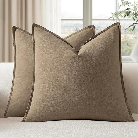 EMEMA Decorative Linen Throw Pillow Covers 18x18 Inch Curry Boho Farmhouse Neutral Couch Throw Pillows for Bed Pack of 2 Accent Pillowcase Modern Sofa Cushion Livingroom Home