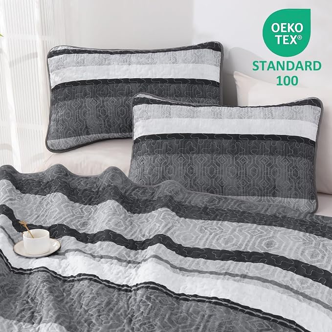 Dobuyly Queen Boho Stripe Quilt Set, Breathable All-Season, 3-Piece Set - Image 3