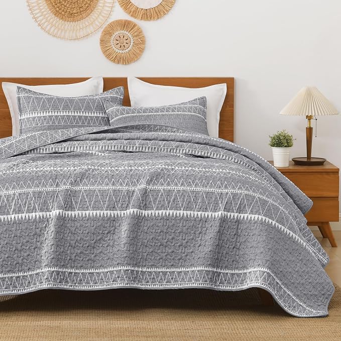 California King Quilt Set Grey, 3 Pieces Boho Striped Bedspread | Soft - Image 2