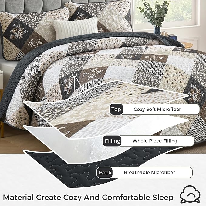 Dinjoy Patchwork Quilt Set King Size, Boho Bedding Set, Reversible Summer Plaid - Image 5