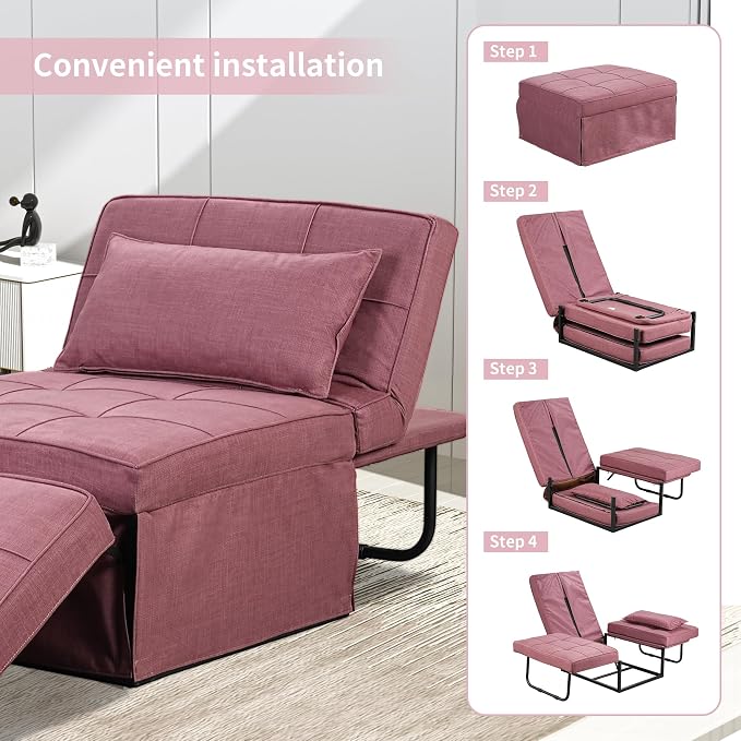 Pink Sofa Bed, 4 in 1 Convertible Chair Multi-Function Folding Ottoman Guest Bed - Image 5
