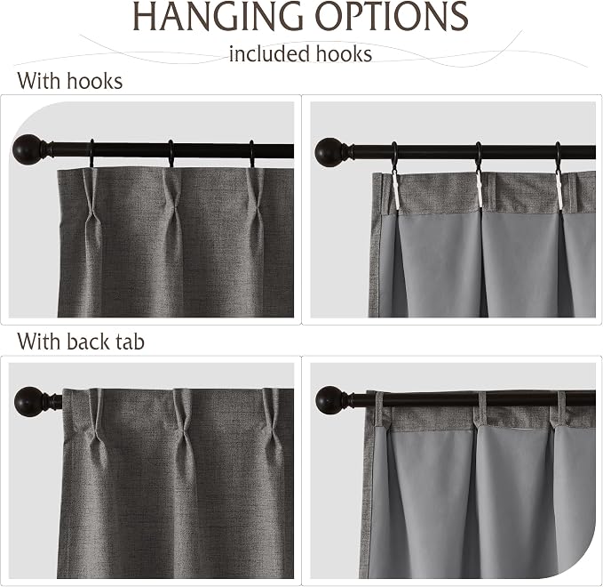 RYB HOME Pinch Pleated Back Tab Curtains Linen Textured 100% Blackout Curtains - Image 5
