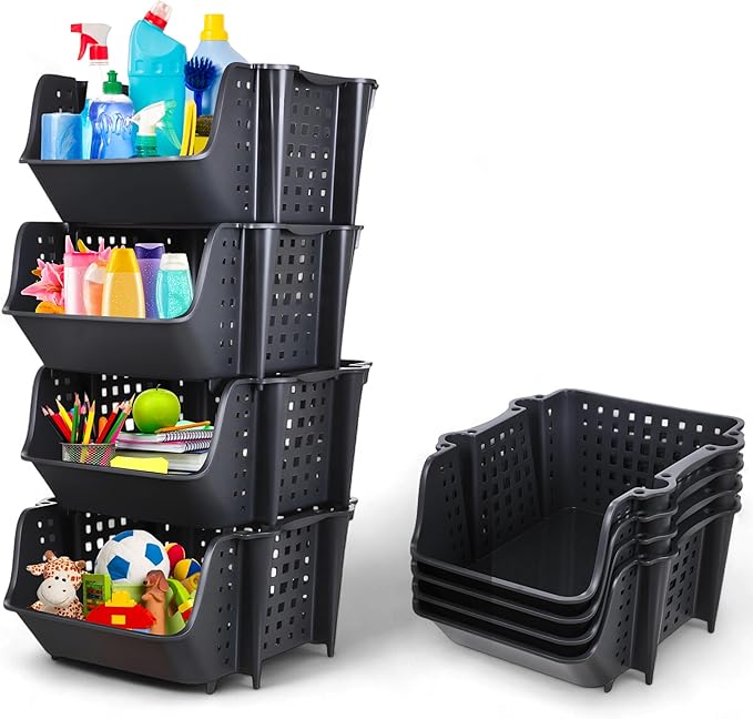 Skywin TidyFriend Plastic Stackable Storage Bins, 4 Pack Extra Large Open Front Bins for Toy, Pantry, Kitchen, and Bathroom Organization (Dark Grey)